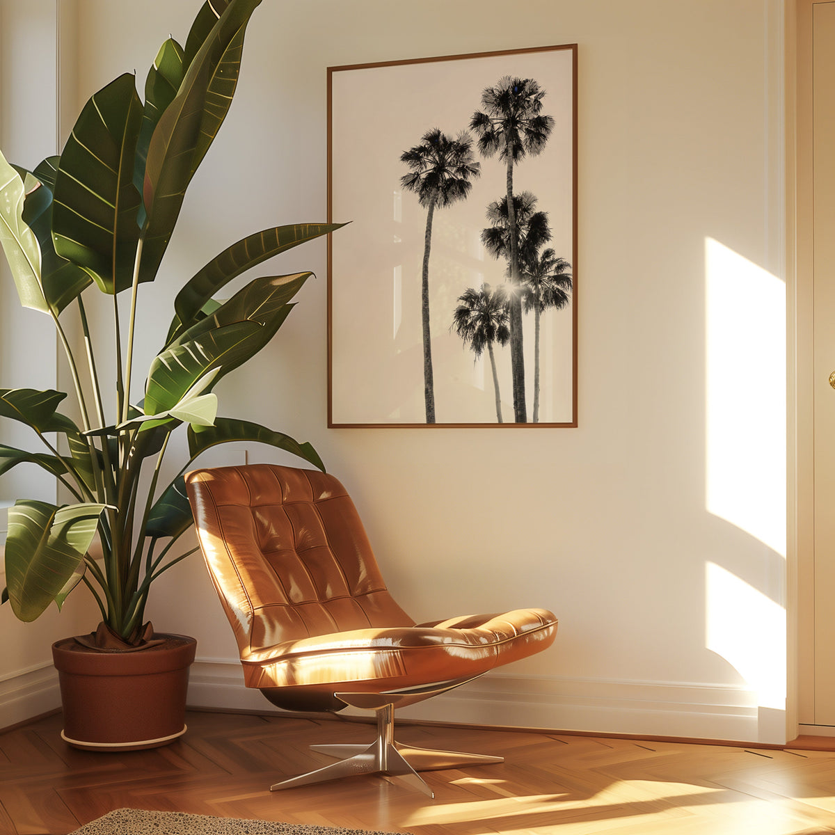Five tall fan palms with sun flare print in a walnut frame above a leather lounge chair