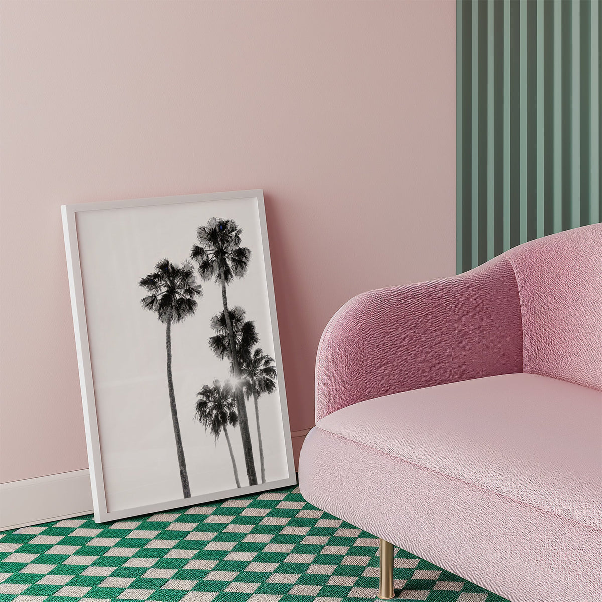 Five tall fan palms with sun flare print in a white frame beside a pink armchair on a checkered floor