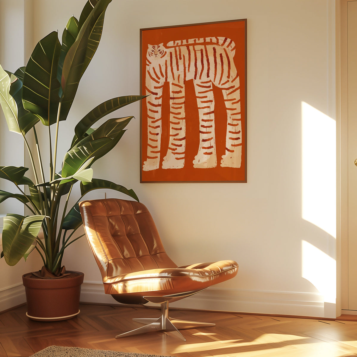 Folk art tiger print in a slim walnut frame above a tan leather lounge chair