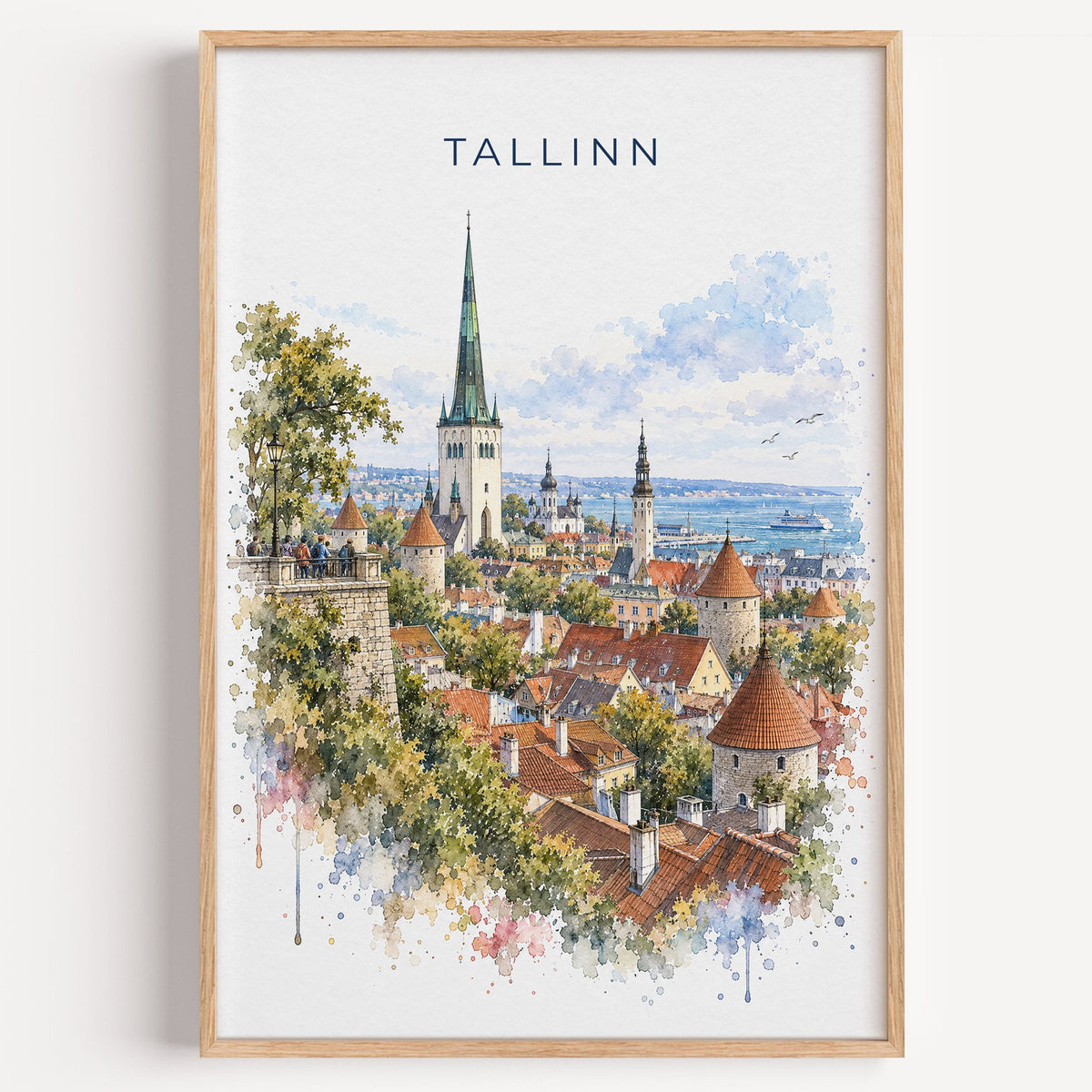 Tallinn watercolor print in a light oak frame on a plain white wall