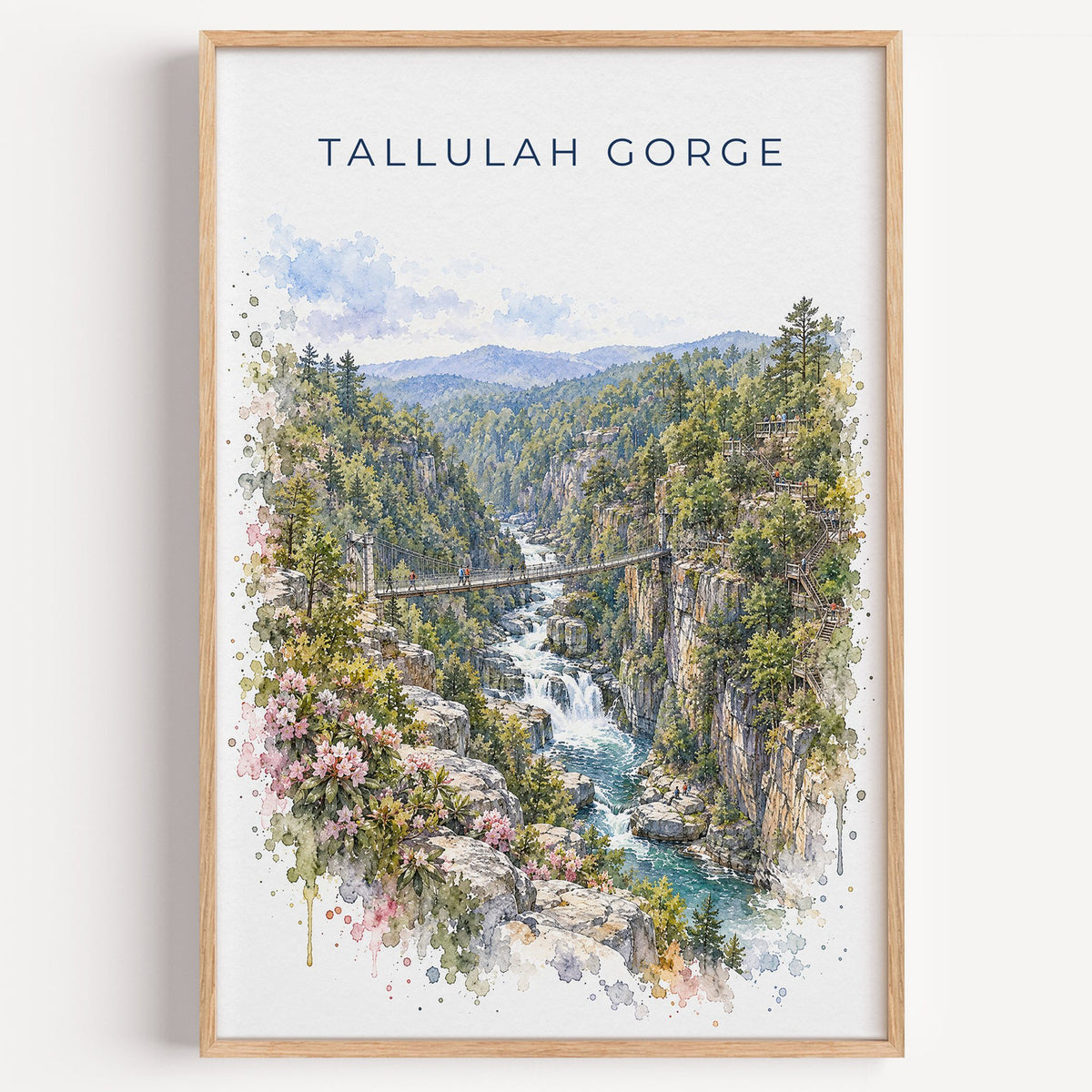 Tallulah Gorge watercolor print in a light oak frame on a plain white wall