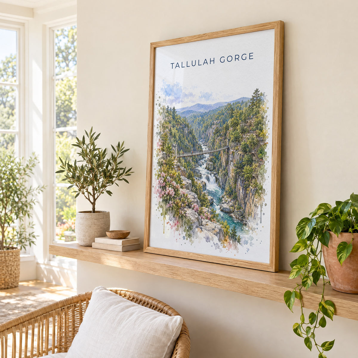 Tallulah Gorge watercolor print in an oak frame on a picture ledge in a sunlit sunroom