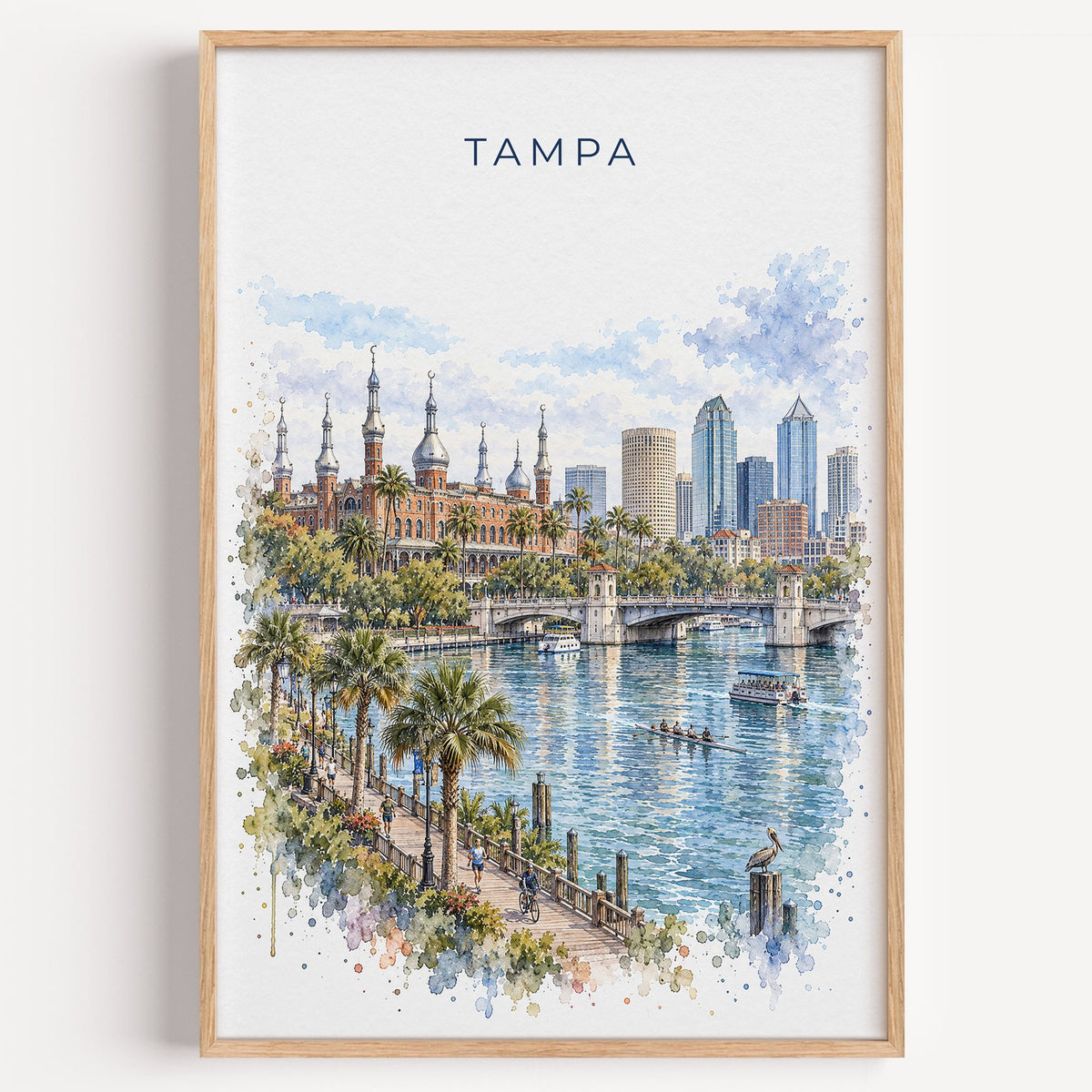 Tampa watercolor print in a light oak frame on a plain white wall
