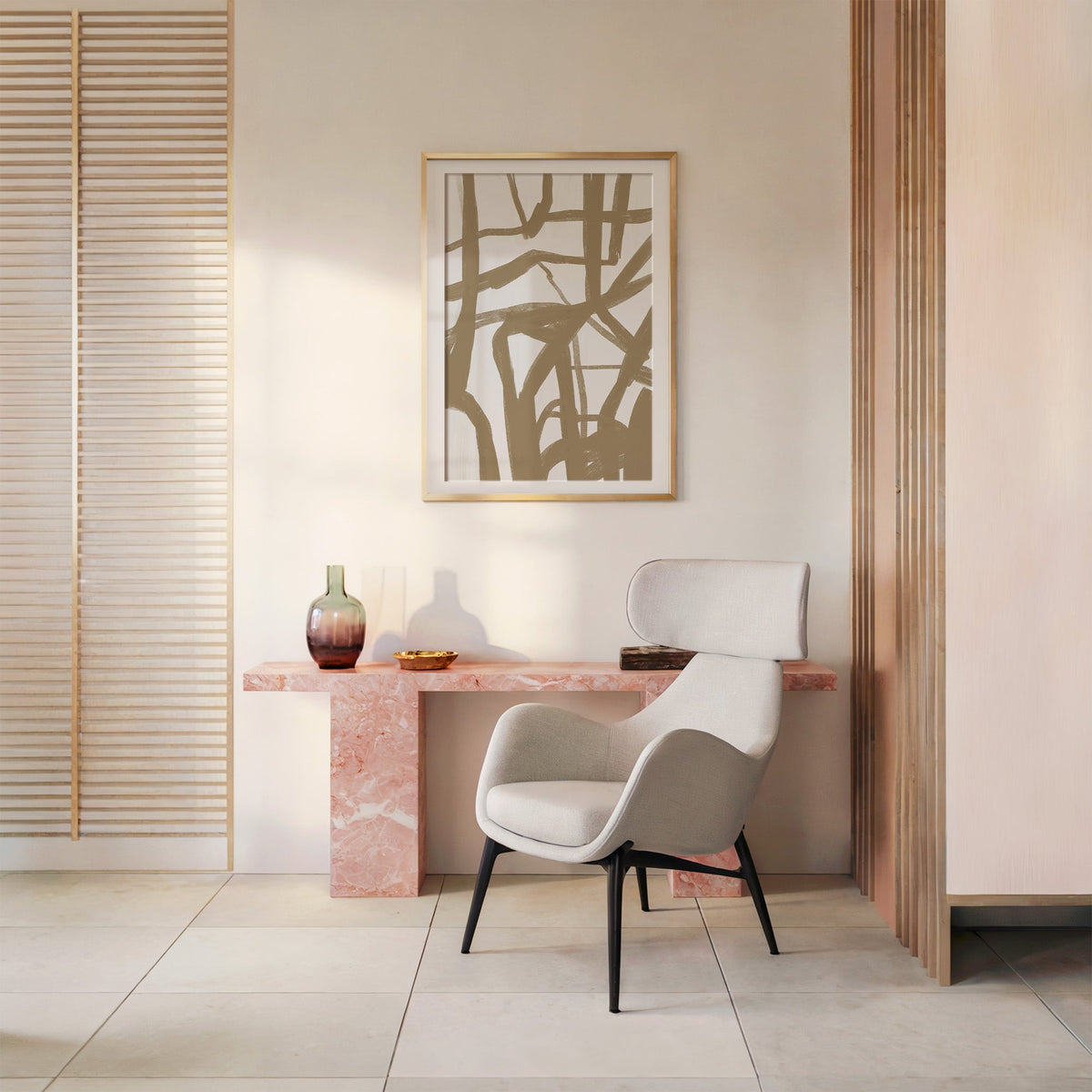 Tan crisscross brushstroke lattice print shown in a gold frame with a mat above a pink marble console and armchair