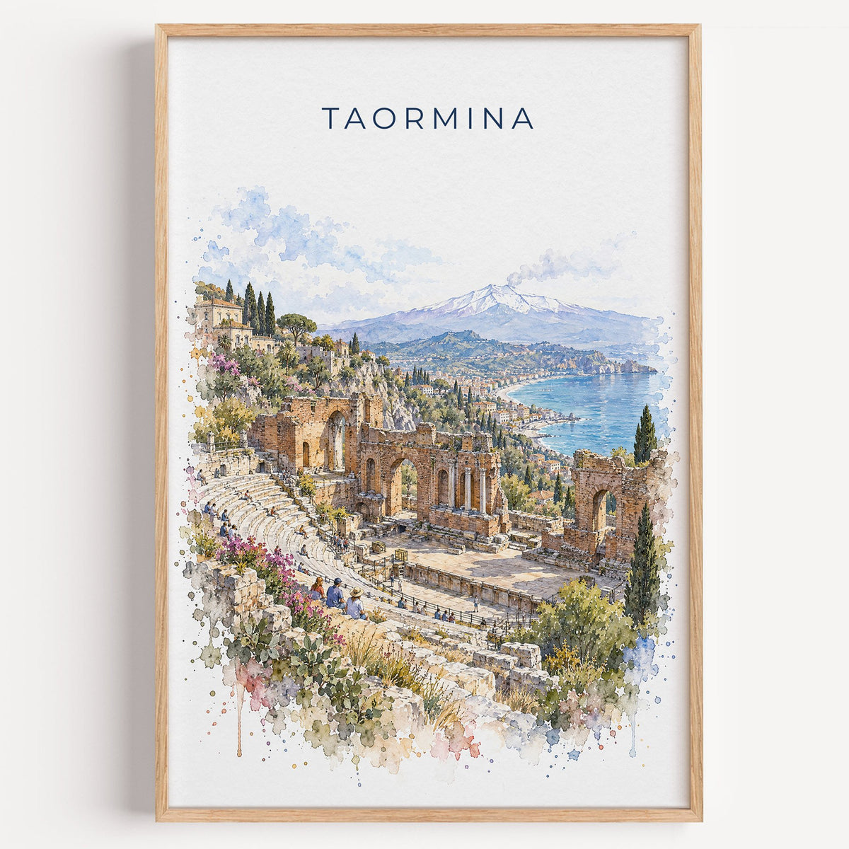 Taormina watercolor print in a light oak frame on a plain white wall