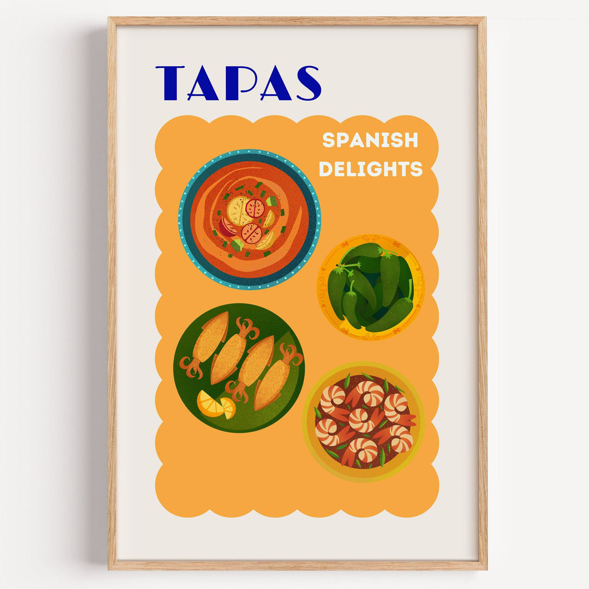 TAPAS Spanish Delights four plates print in a light oak frame on a plain white wall
