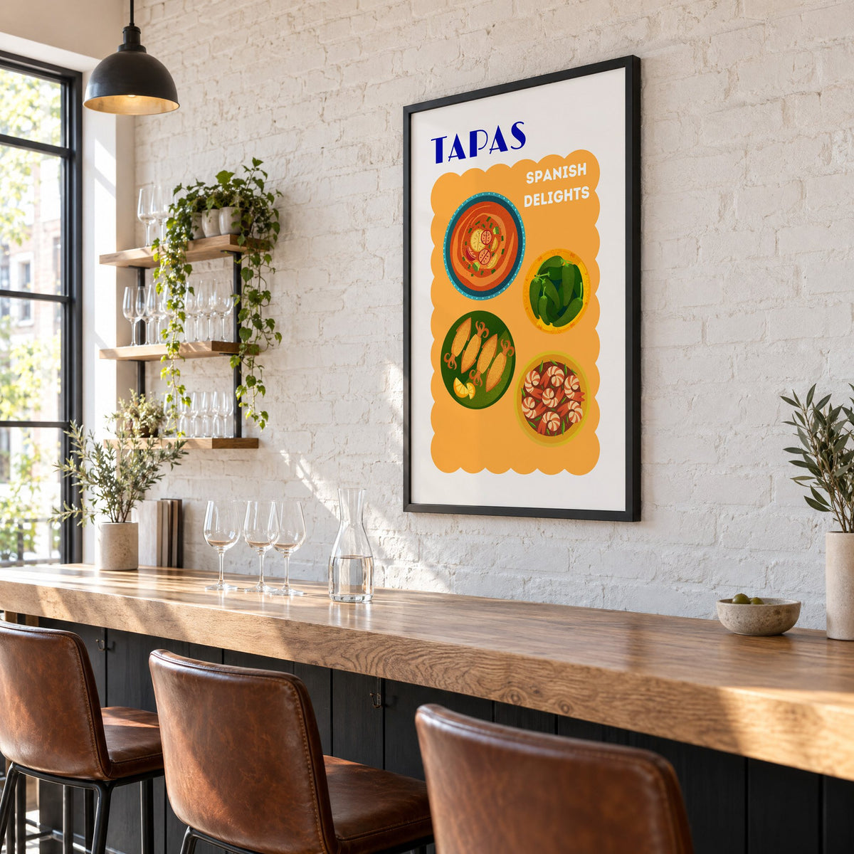 TAPAS Spanish Delights four plates print in a black frame on a white brick wall above a wine bar counter