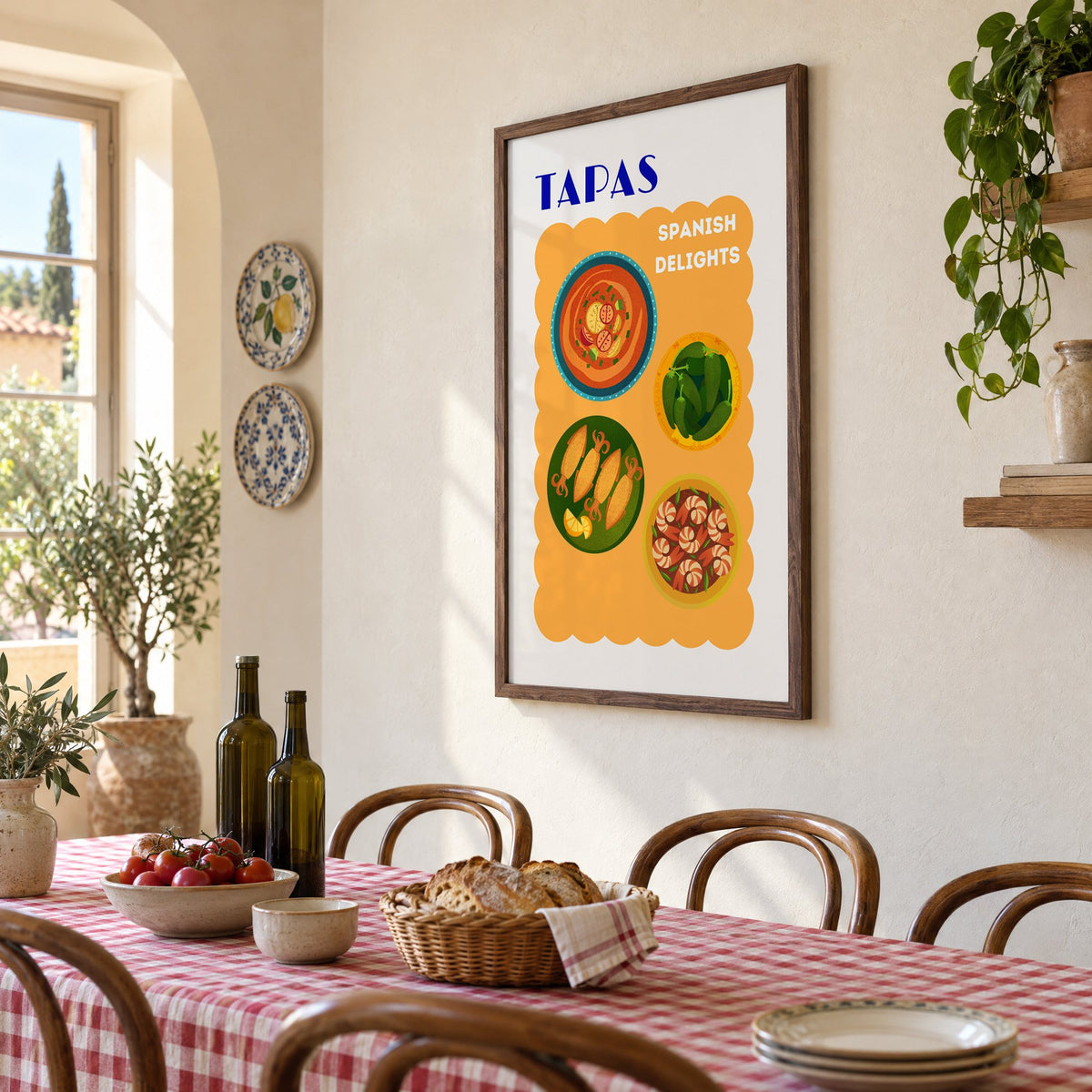 TAPAS Spanish Delights four plates print in a walnut frame above a gingham-covered trattoria table, seen at an angle