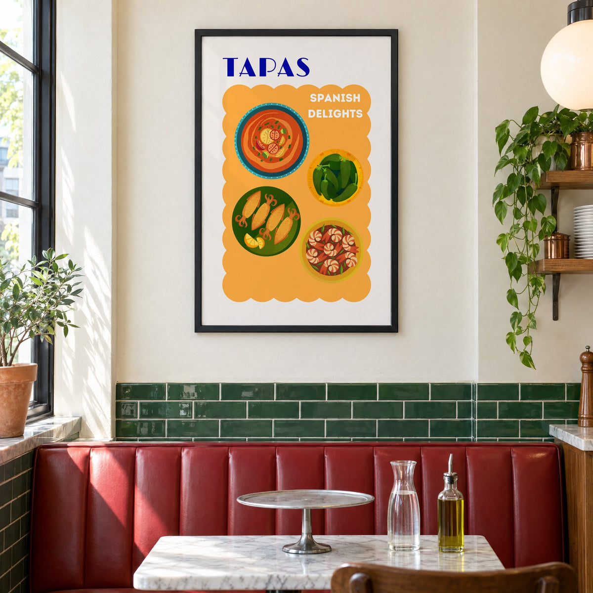 TAPAS Spanish Delights four plates print in a black frame above a red leather booth in a sunny pizzeria
