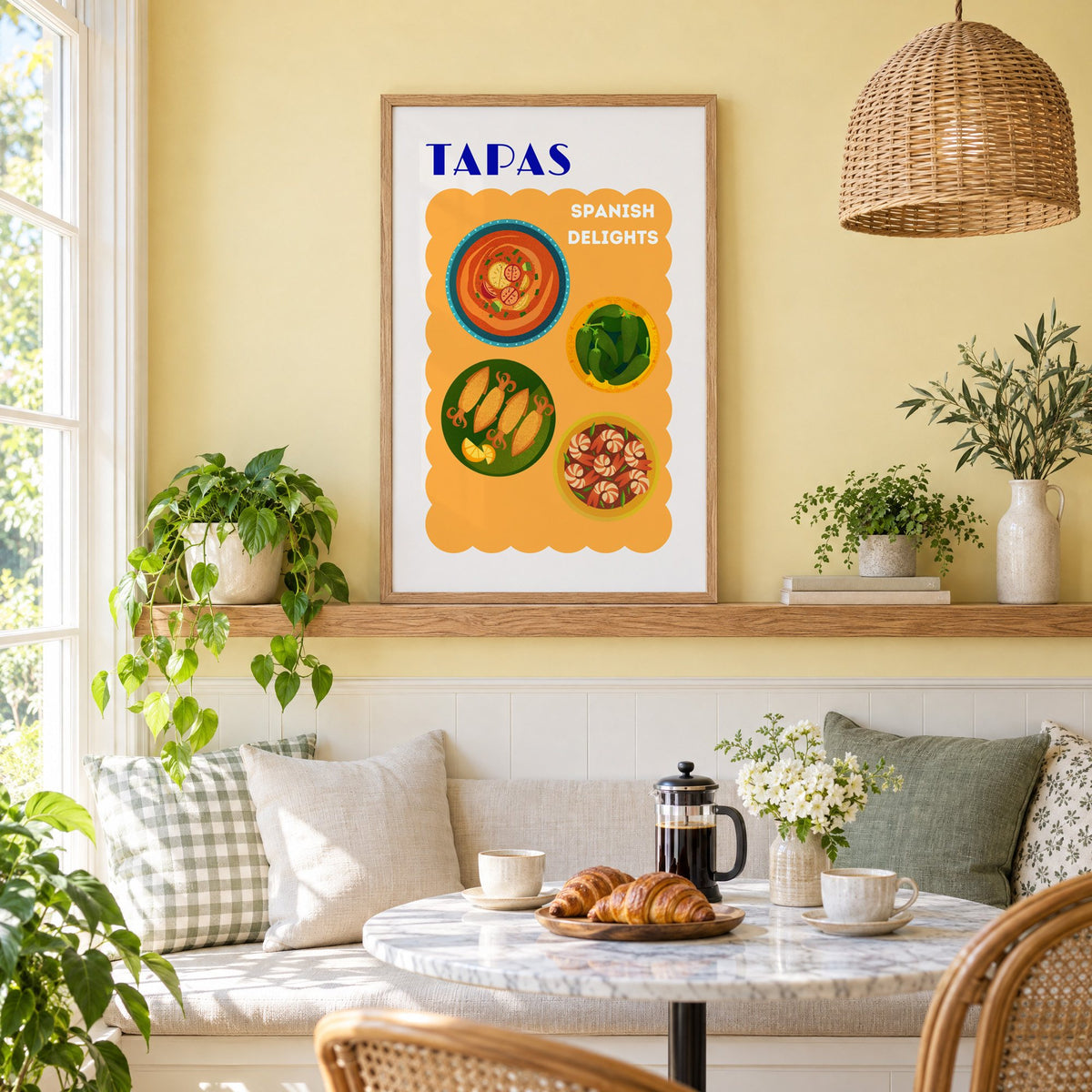 TAPAS Spanish Delights four plates print in an oak frame on a picture ledge above a sunny breakfast nook