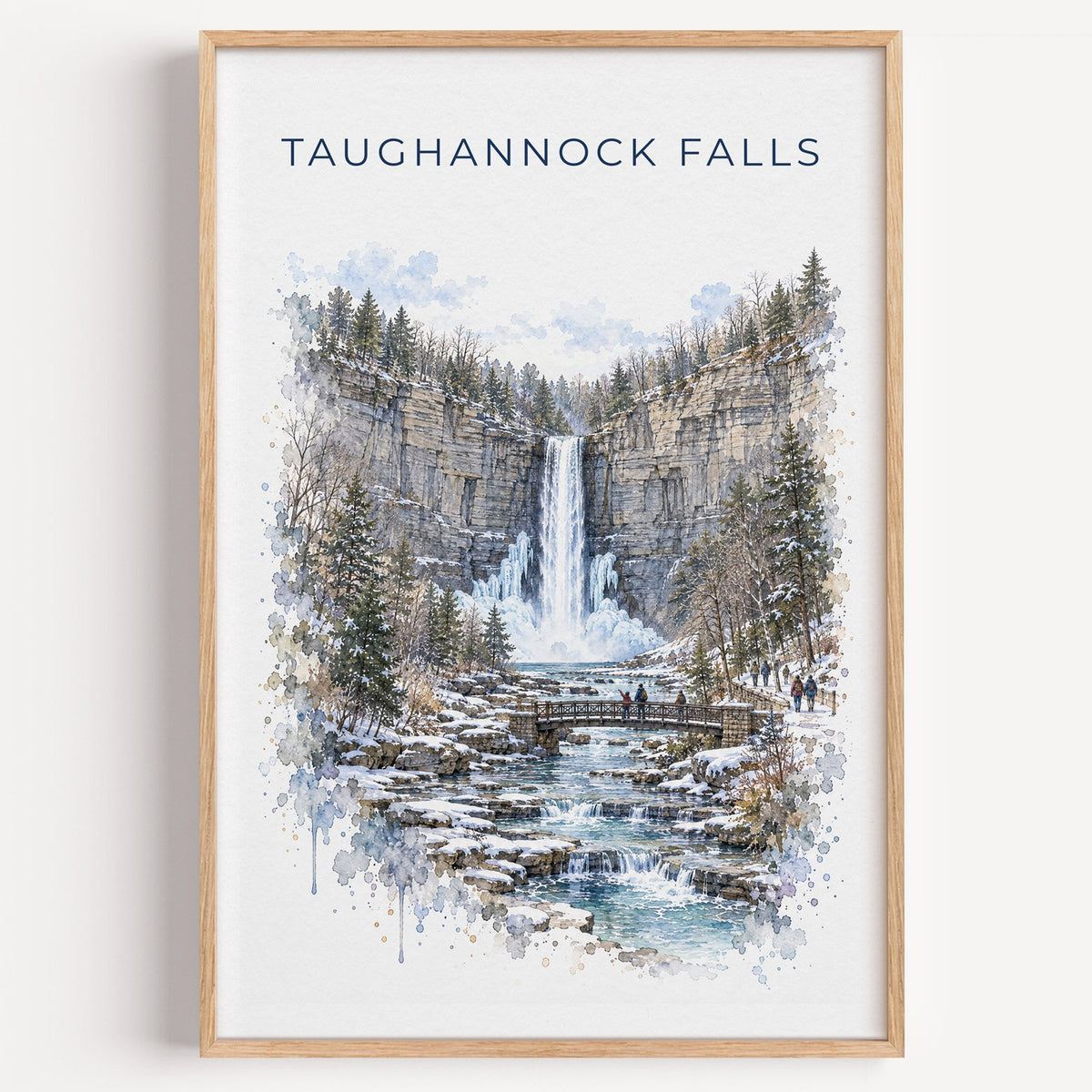 Taughannock Falls State Park watercolor print in a light oak frame on a plain white wall
