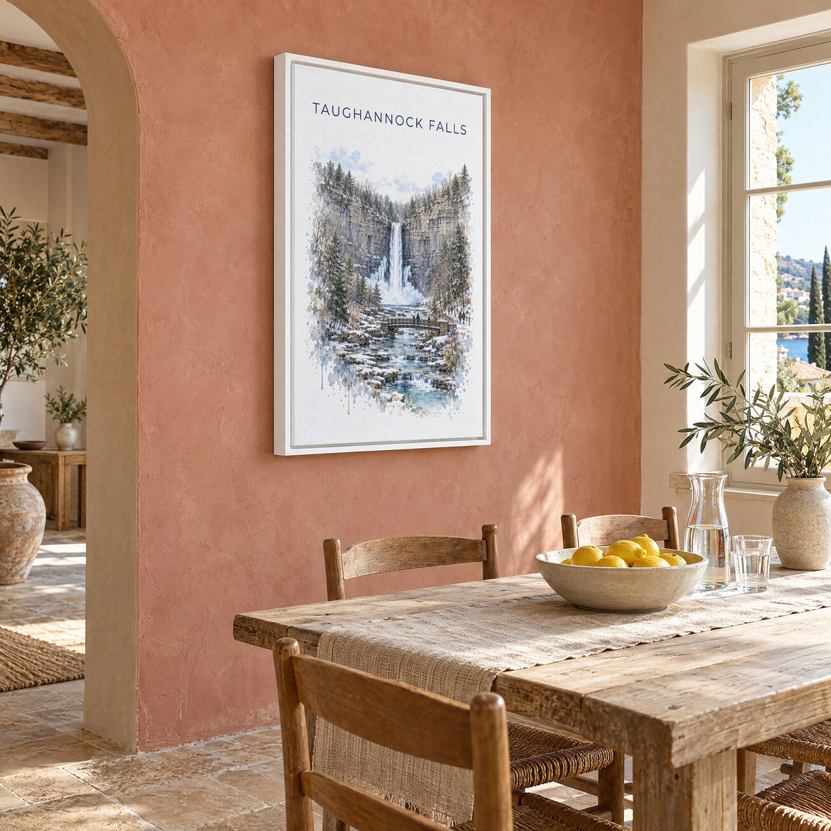 Taughannock Falls State Park watercolor print as a white floater canvas on a terracotta wall above a rustic dining table