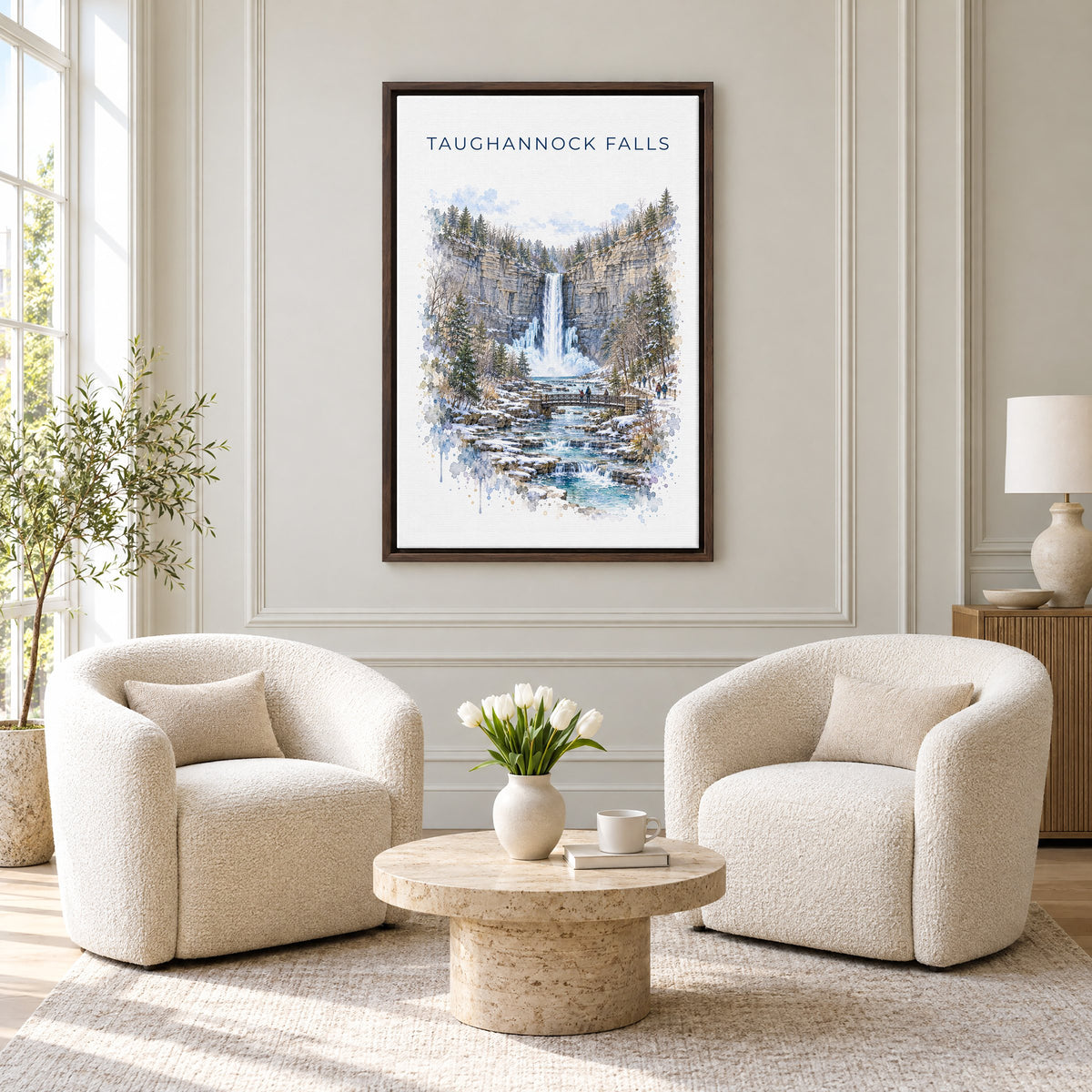 Taughannock Falls State Park watercolor print as an espresso floater canvas above two boucle armchairs in a hotel lounge