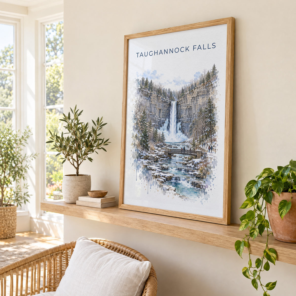 Taughannock Falls State Park watercolor print in an oak frame on a picture ledge in a sunlit sunroom