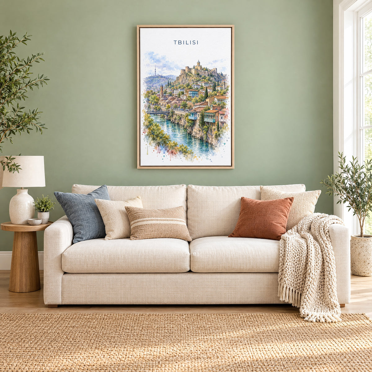Tbilisi watercolor print as a natural floater canvas above a cream linen sofa on a sage green wall