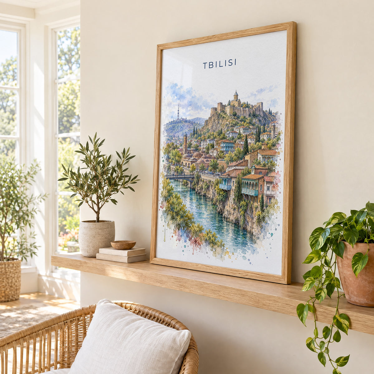 Tbilisi watercolor print in an oak frame on a picture ledge in a sunlit sunroom