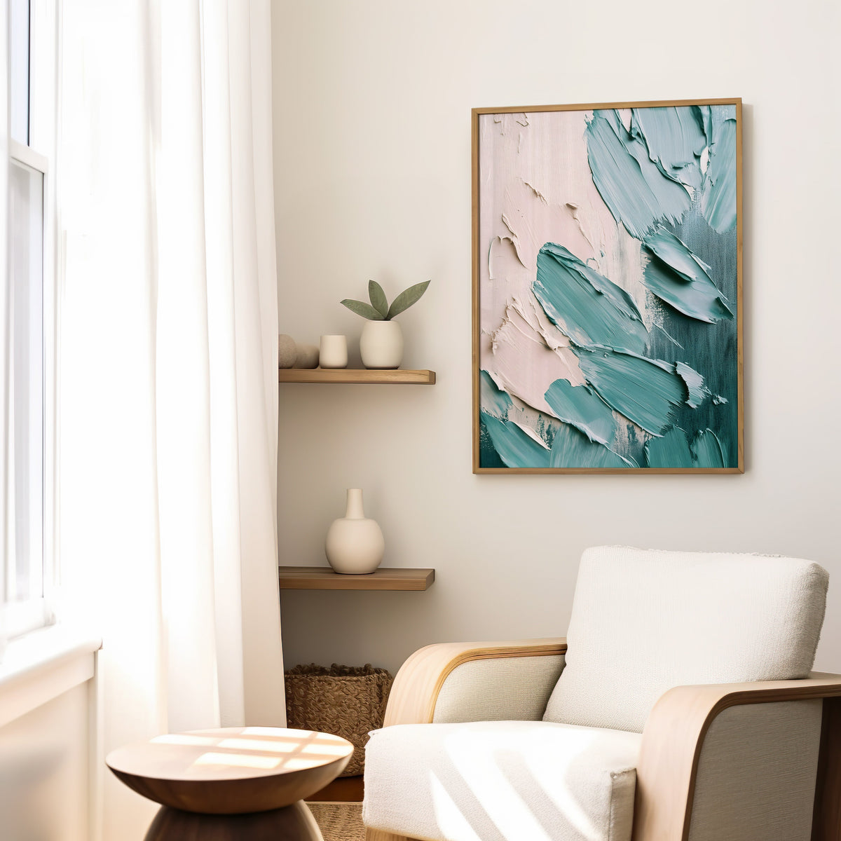 Teal and blush palette knife abstract print in a slim oak frame above a cream boucle armchair by floating shelves