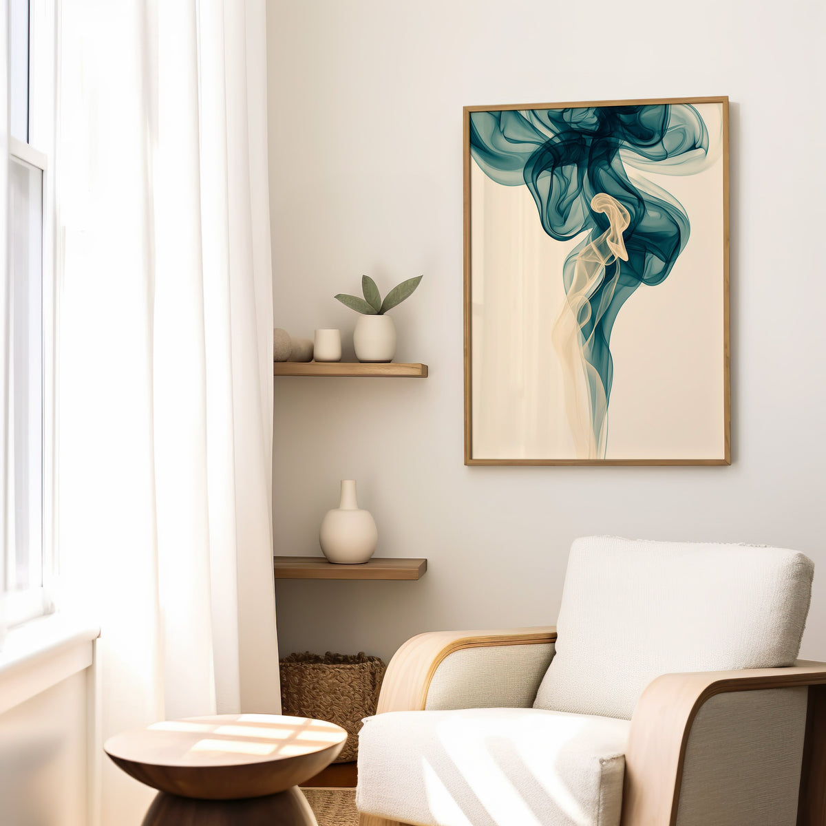 Teal smoke swirl fluid abstract print in a slim oak frame above a cream boucle armchair by floating shelves