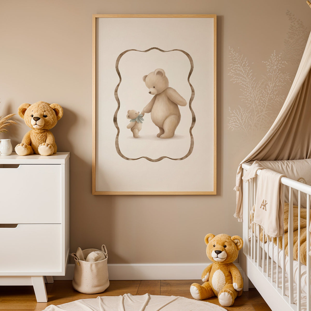 Big and little teddy bears holding hands nursery print in an oak frame between a white dresser and a canopy crib