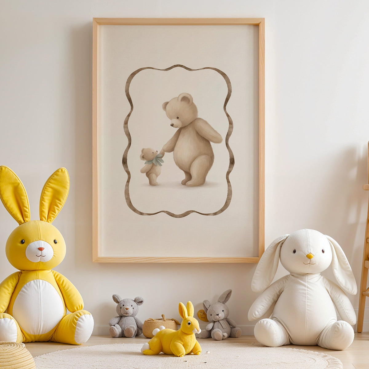 Big and little teddy bears holding hands nursery print in an oak frame above yellow and white plush bunnies