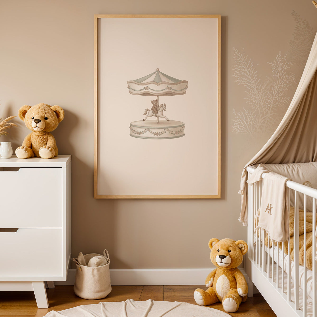 Teddy bear riding a carousel horse nursery print in an oak frame between a white dresser and a canopy crib