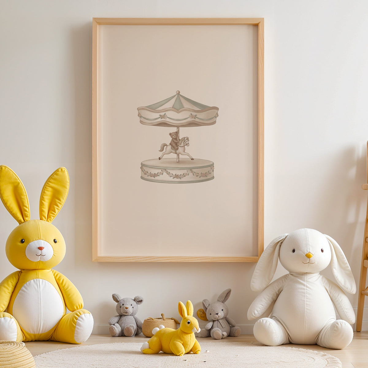 Teddy bear riding a carousel horse nursery print in an oak frame above yellow and white plush bunnies