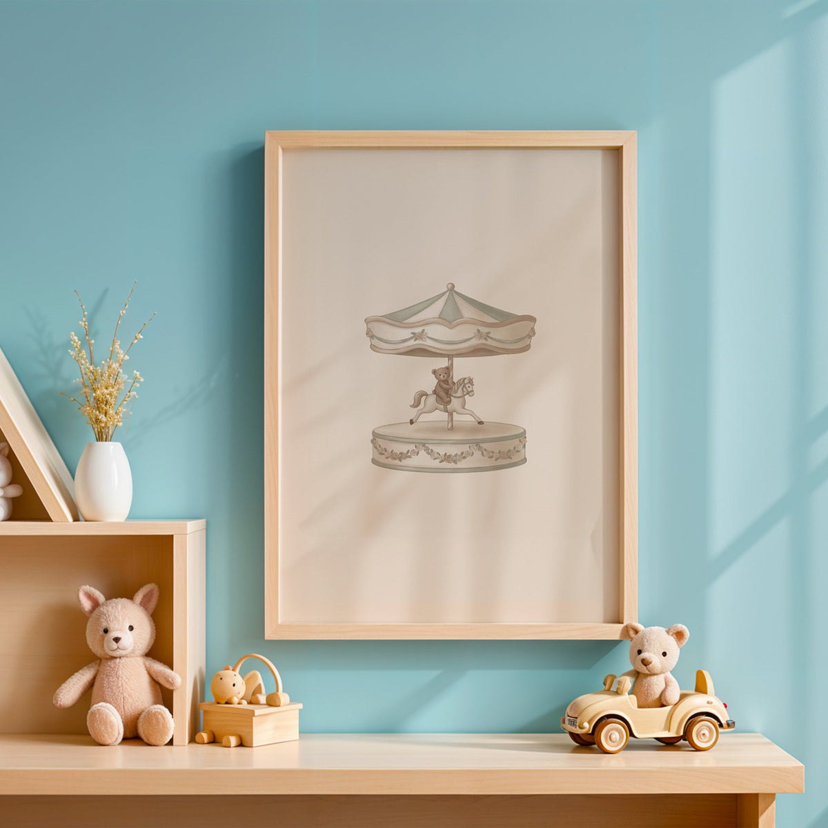 Teddy bear riding a carousel horse nursery print in an oak frame on a blue wall above a shelf of wooden toys