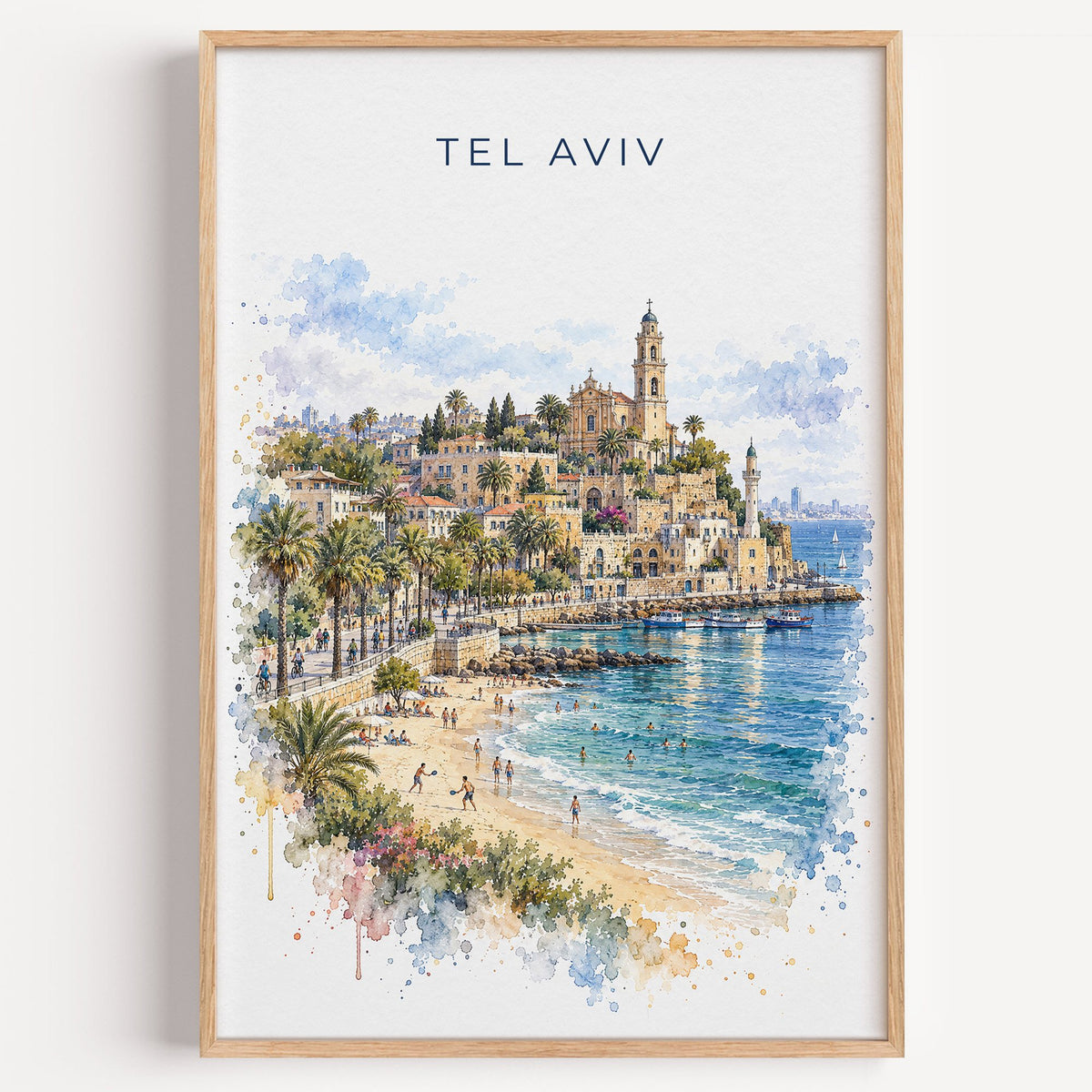 Tel Aviv watercolor print in a light oak frame on a plain white wall