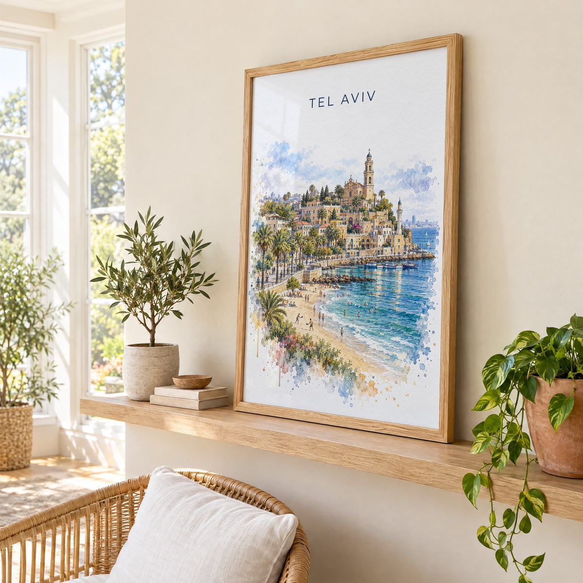 Tel Aviv watercolor print in an oak frame on a picture ledge in a sunlit sunroom