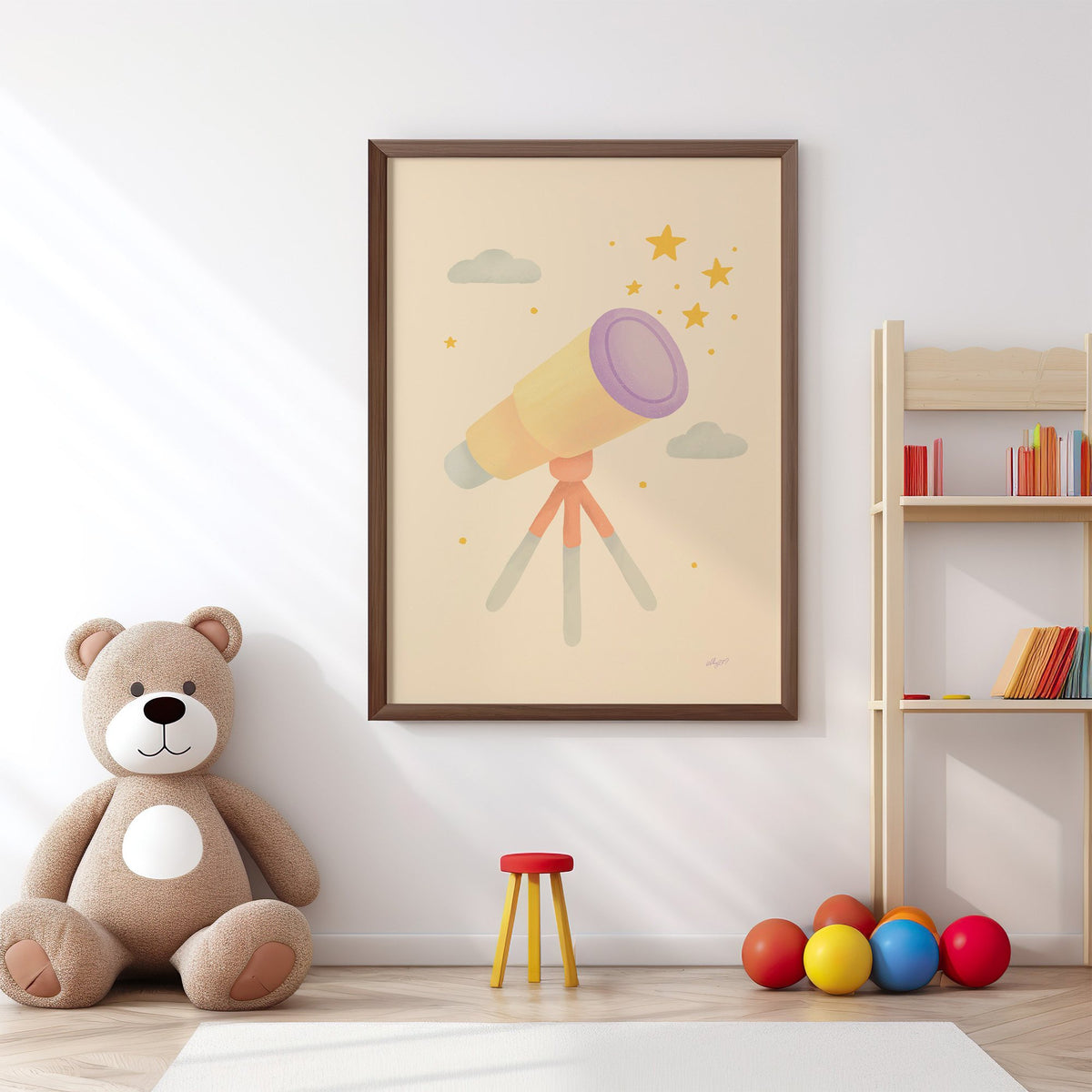 Pastel telescope and gold stars nursery print in a walnut frame above a big teddy bear by a bookshelf