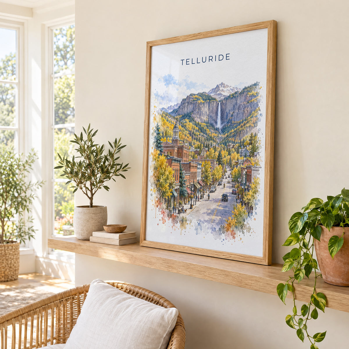 Telluride watercolor print in an oak frame on a picture ledge in a sunlit sunroom
