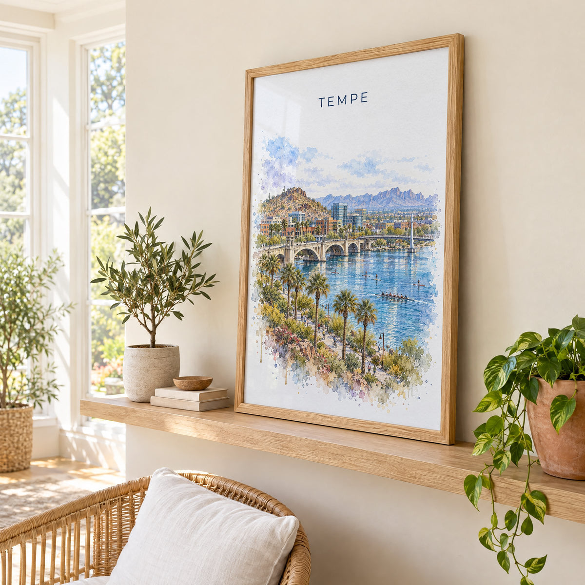 Tempe watercolor print in an oak frame on a picture ledge in a sunlit sunroom