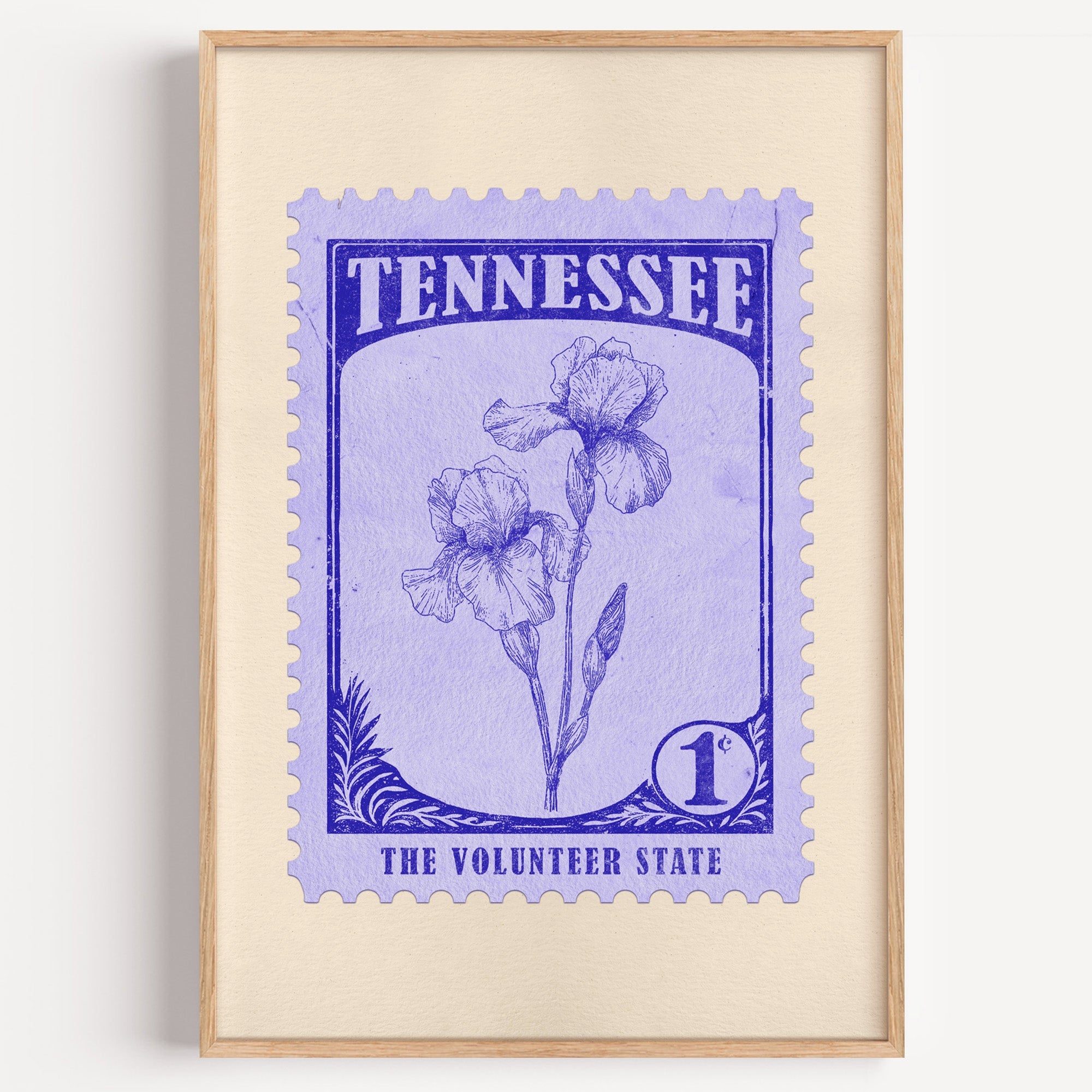 Tennessee state flower stamp print in indigo on periwinkle, light oak frame on a plain white wall