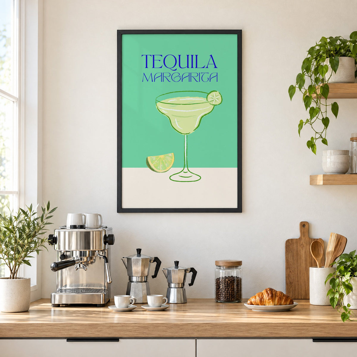 TEQUILA MARGARITA green glass and lime print in a black frame above a home espresso bar with moka pots and espresso cups