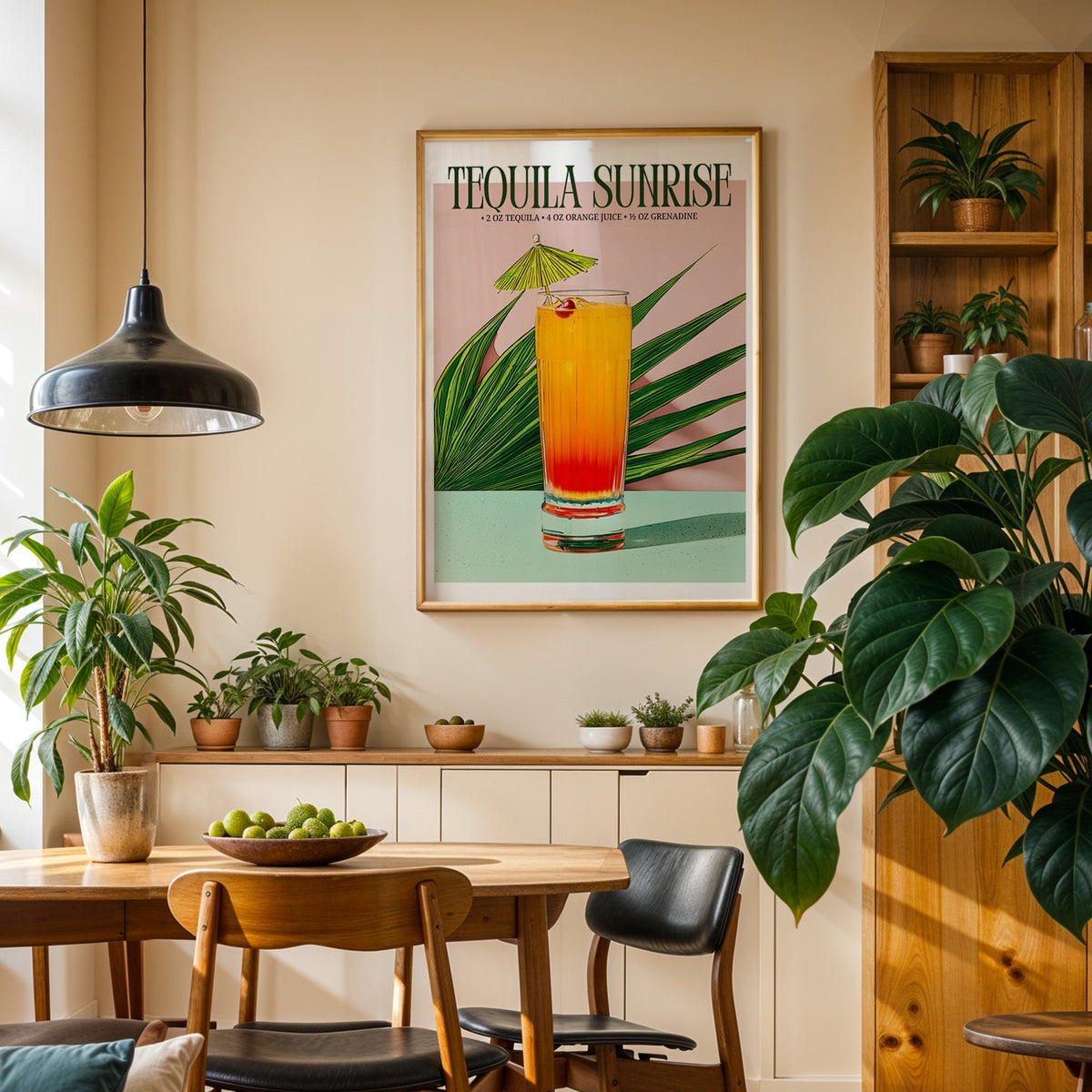 Tequila sunrise recipe print in an oak frame in a dining room above a plant-lined sideboard