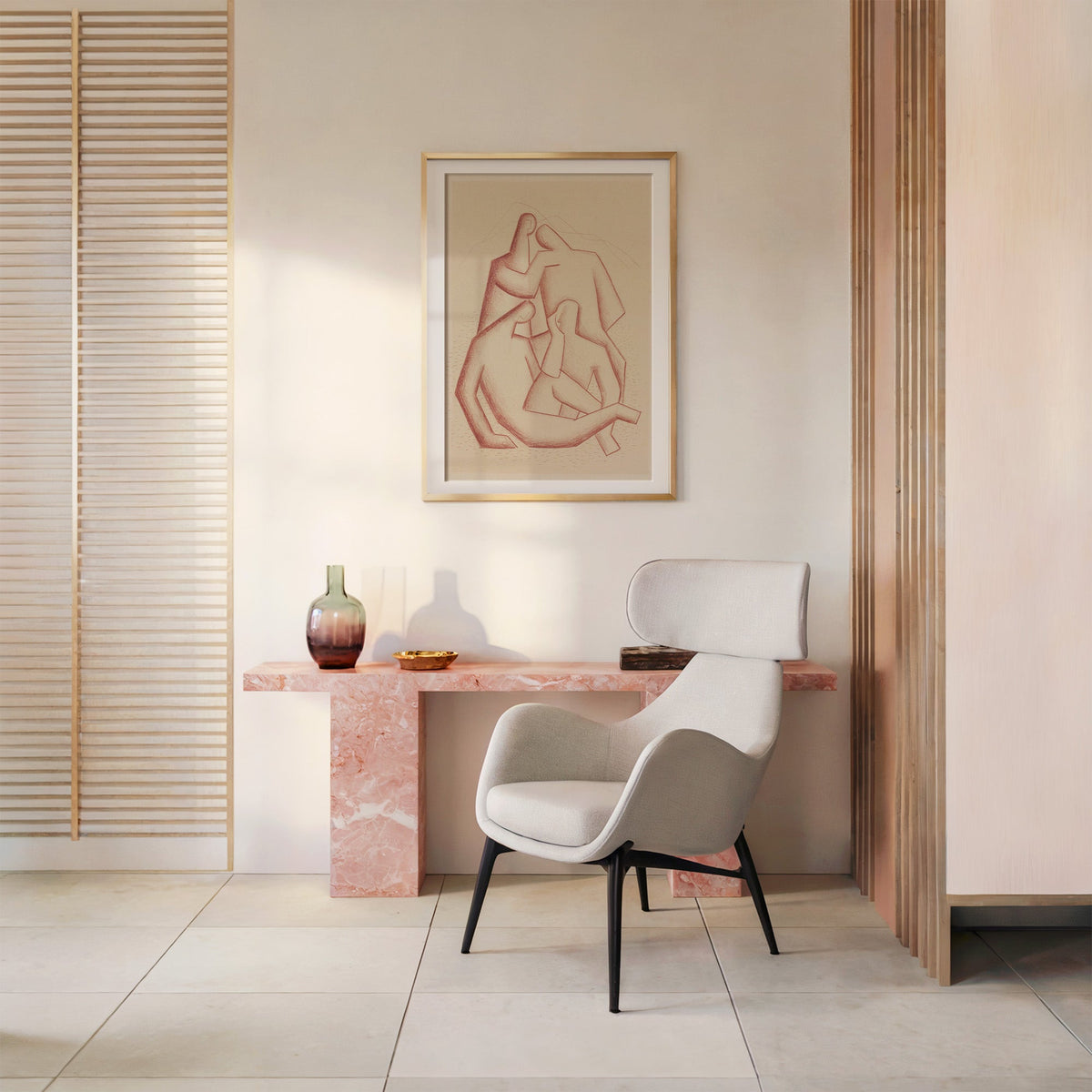 Terracotta chalk cubist figures group sketch print shown in a gold frame with a mat above a pink marble console and armchair