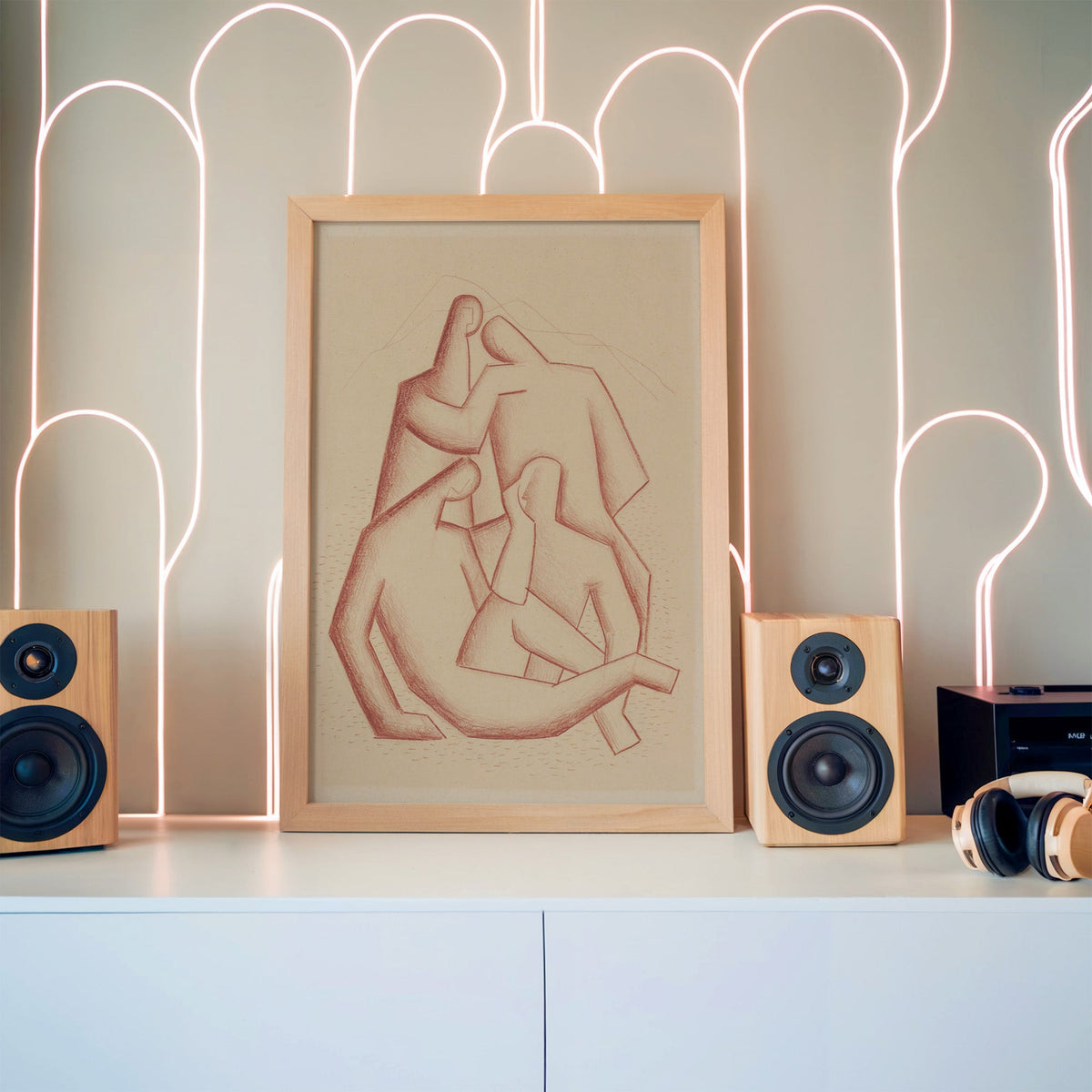 Terracotta chalk cubist figures group sketch print in a pine frame between wooden speakers by a neon arch light wall