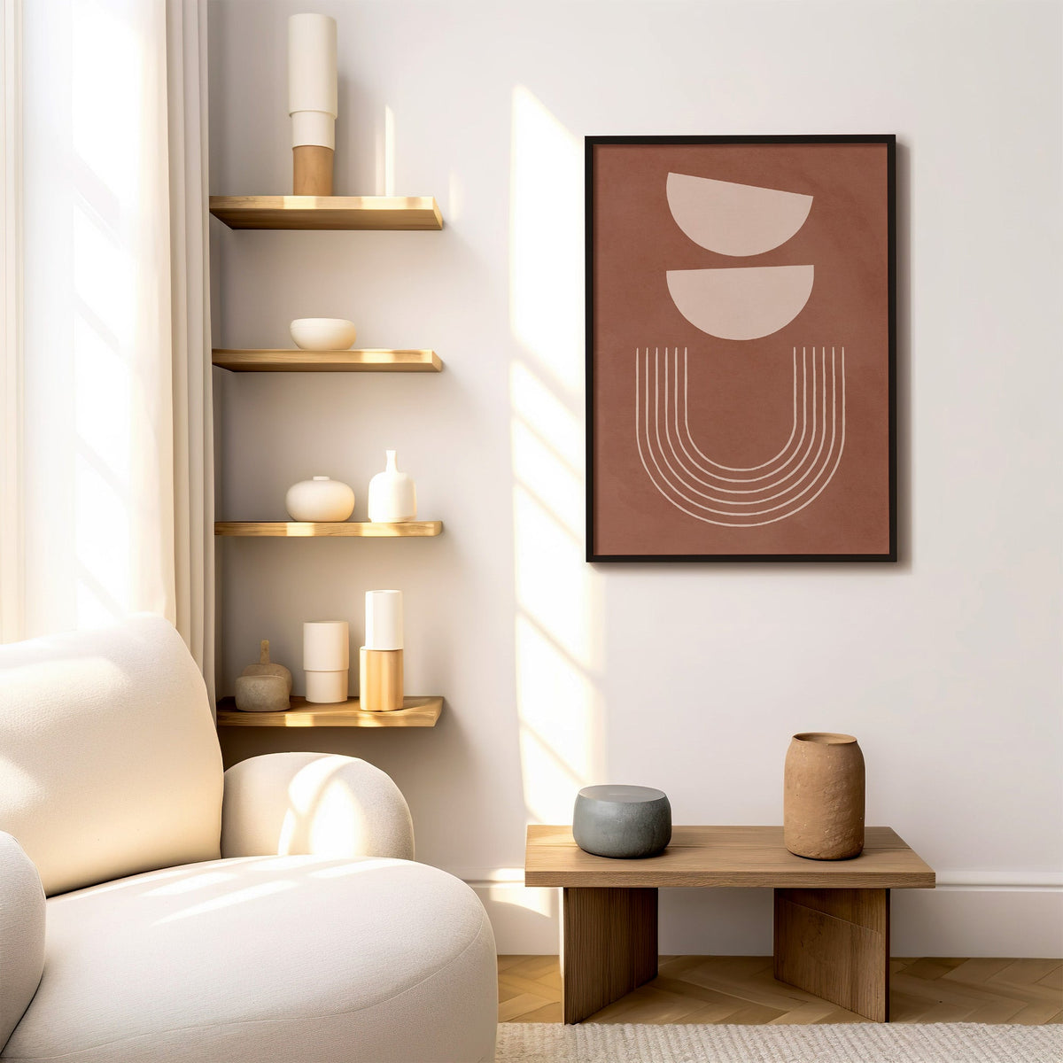 Cream bowls and line arch on terracotta print in a black frame above a low wood bench beside floating oak shelves