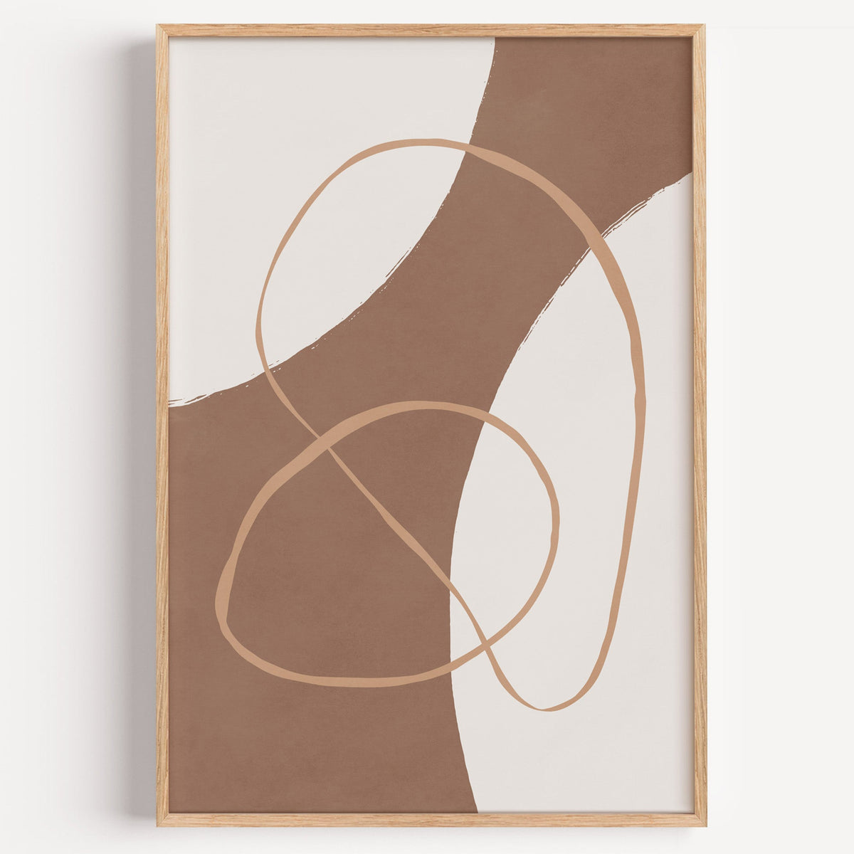 Terracotta curved band and loop line art print in a light oak frame on a plain white wall