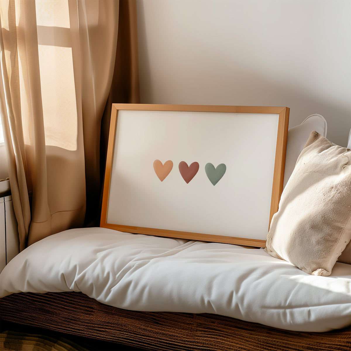 Three peach, terracotta and sage hearts in a row nursery print in a honey wood frame on a cushioned window seat by sheer curtains