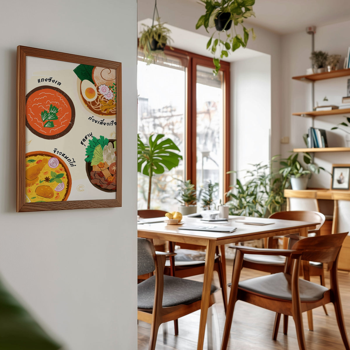 Thai food bowls print in a walnut frame beside a mid-century dining table