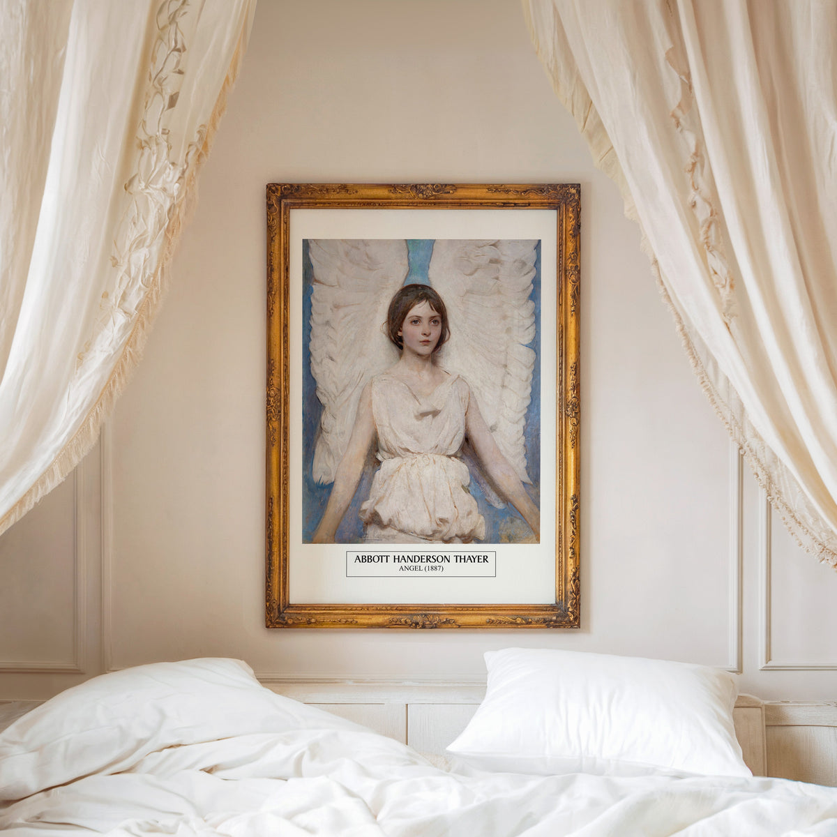 Thayer Angel print shown in an ornate gold frame above a canopy bed