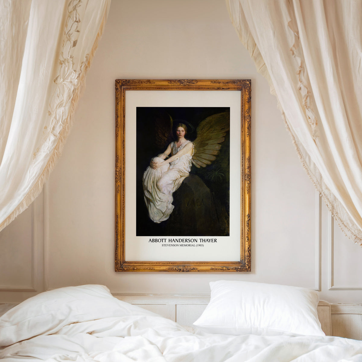 Thayer Stevenson Memorial print shown in a gold frame above a canopy bed