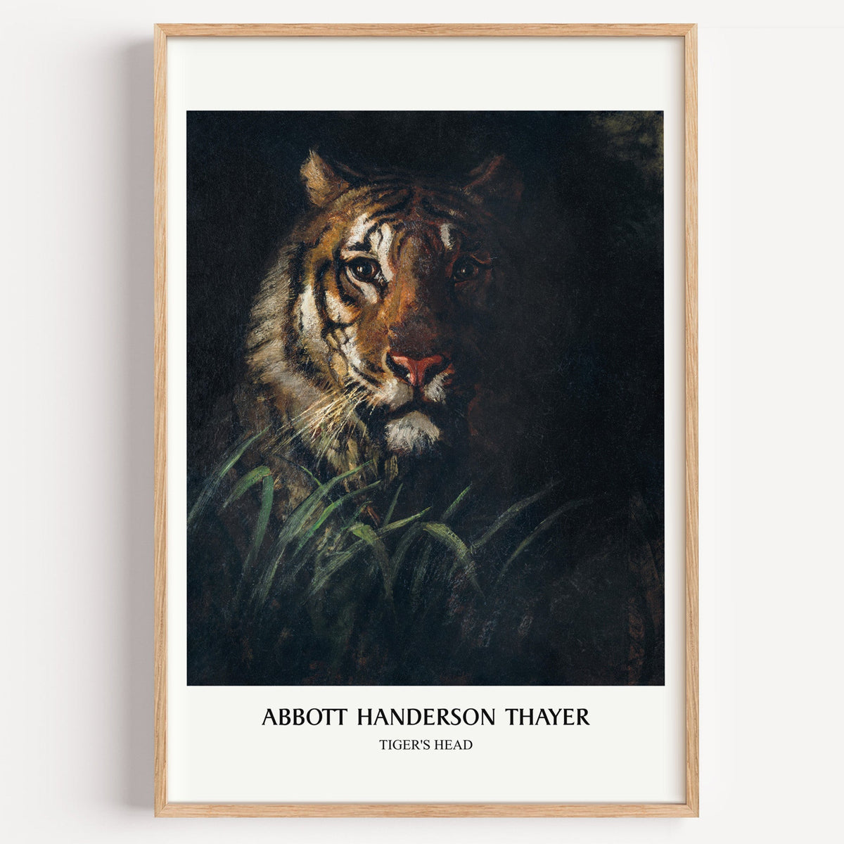 Abbott Thayer Tiger's Head print in a light oak frame on a plain white wall