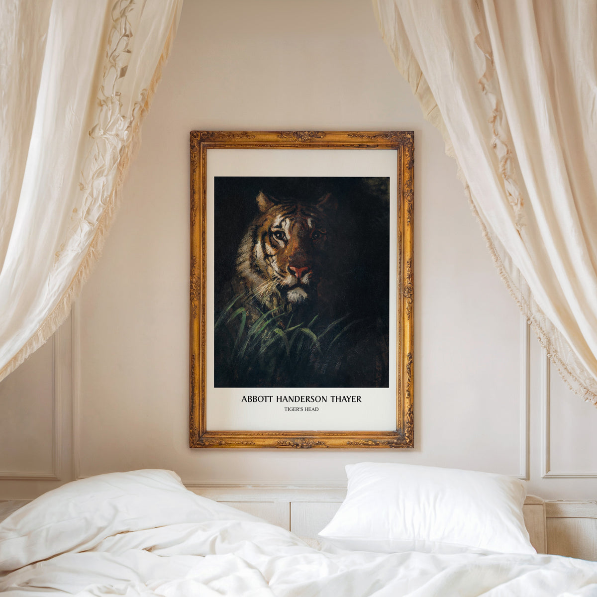 Tiger's Head print shown in an ornate gold frame above a canopy bed
