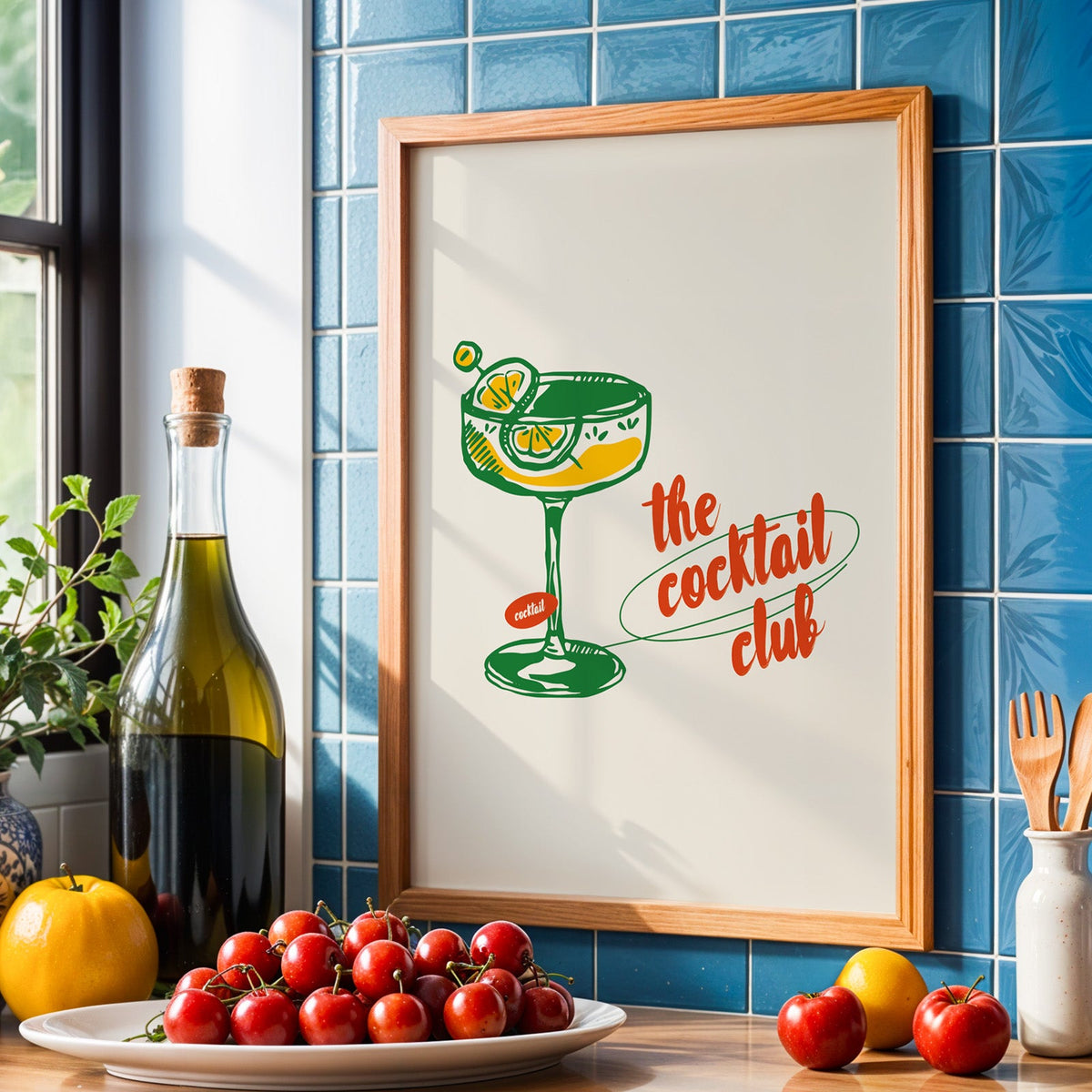 Cocktail poster in an oak frame against a blue tile backsplash with olive oil and a plate of cherries