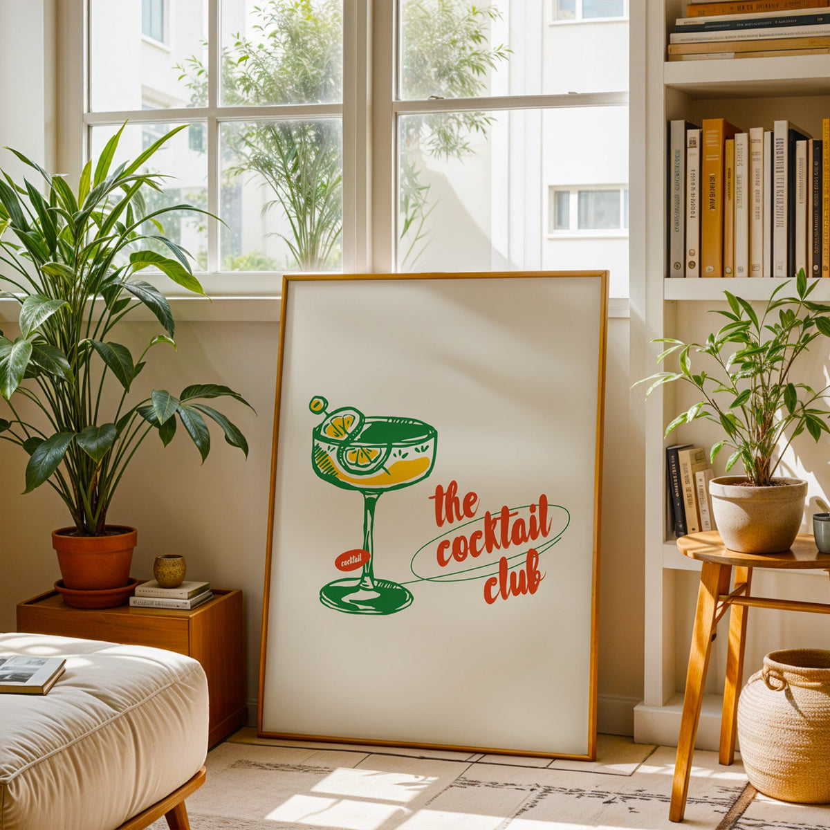 Coupe glass poster in a slim brass frame resting on a berber rug in a plant-filled living room