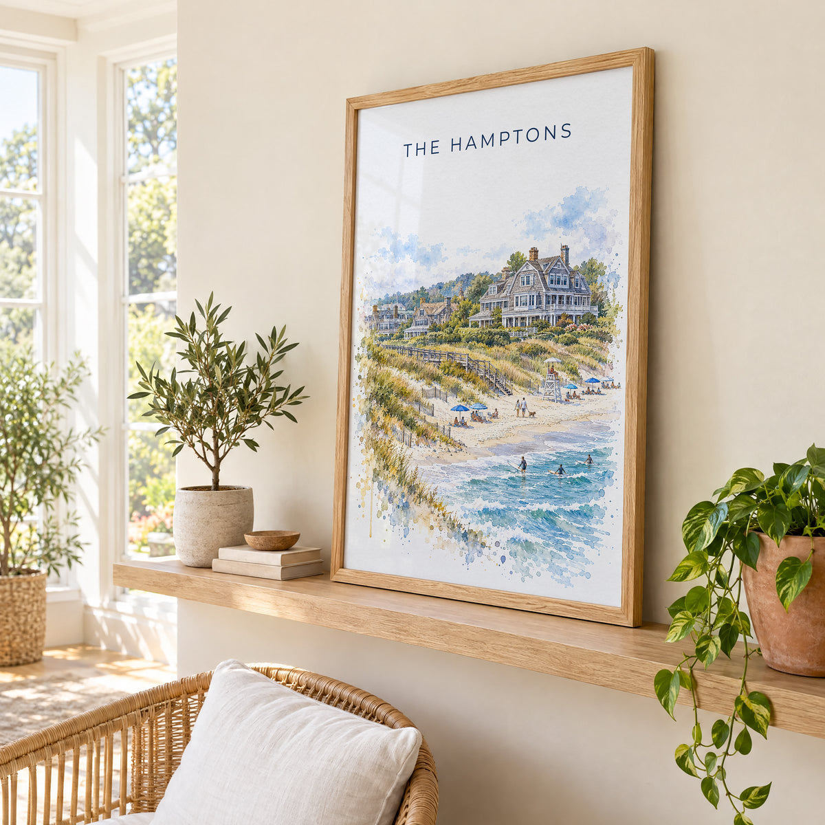 The Hamptons watercolor print in an oak frame on a picture ledge in a sunlit sunroom