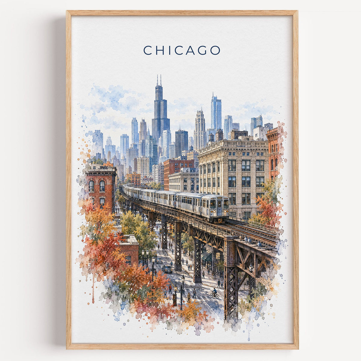 Chicago Loop watercolor print in a light oak frame on a plain white wall