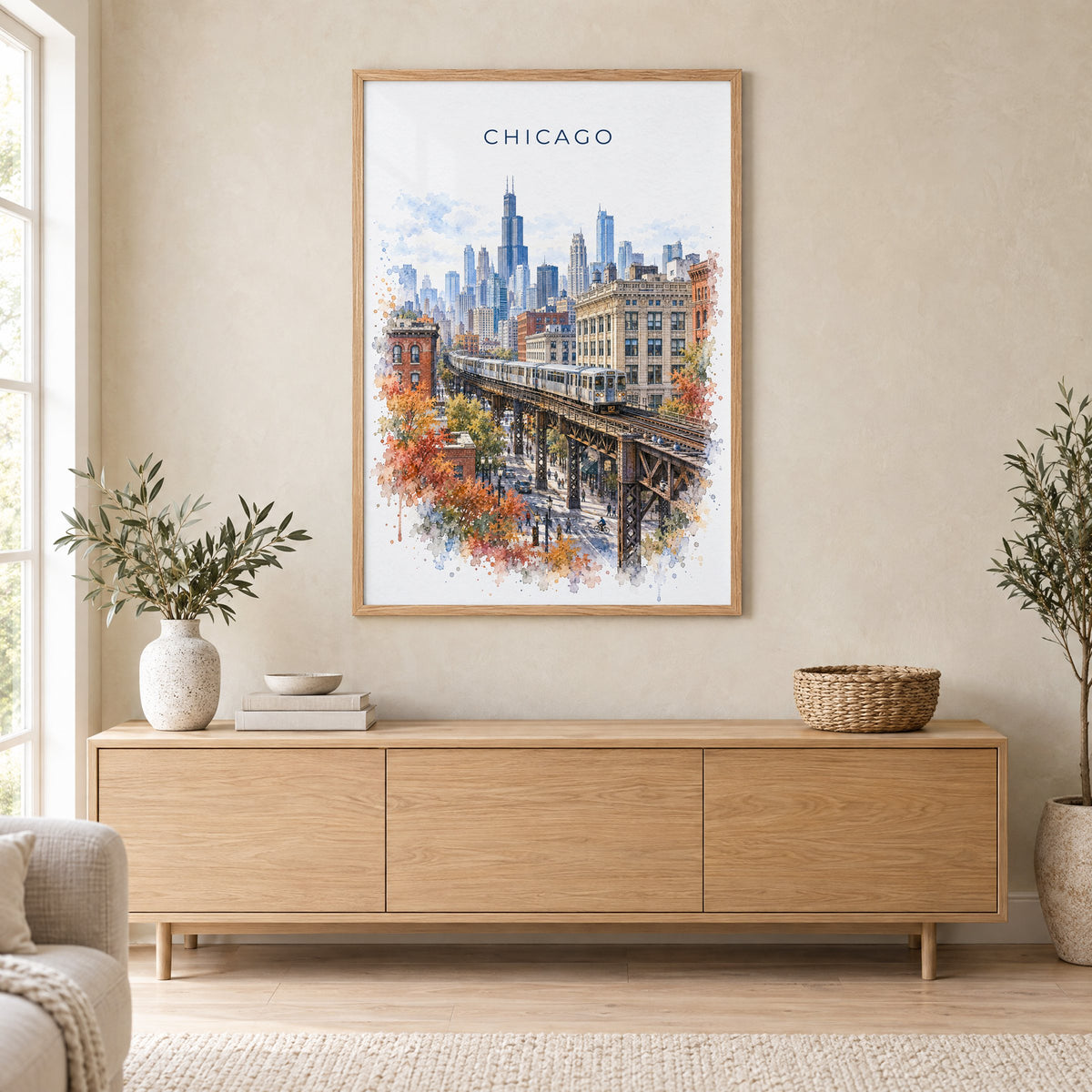 Chicago Loop watercolor print in an oak frame above a light wood sideboard in a Scandinavian living room